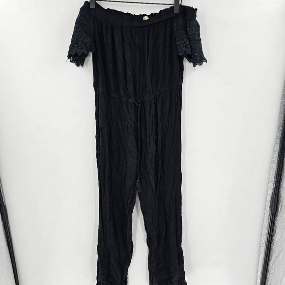 Hint of blush black jumpsuit jumper romper xl lace off shoulder - Picture 1 of 5